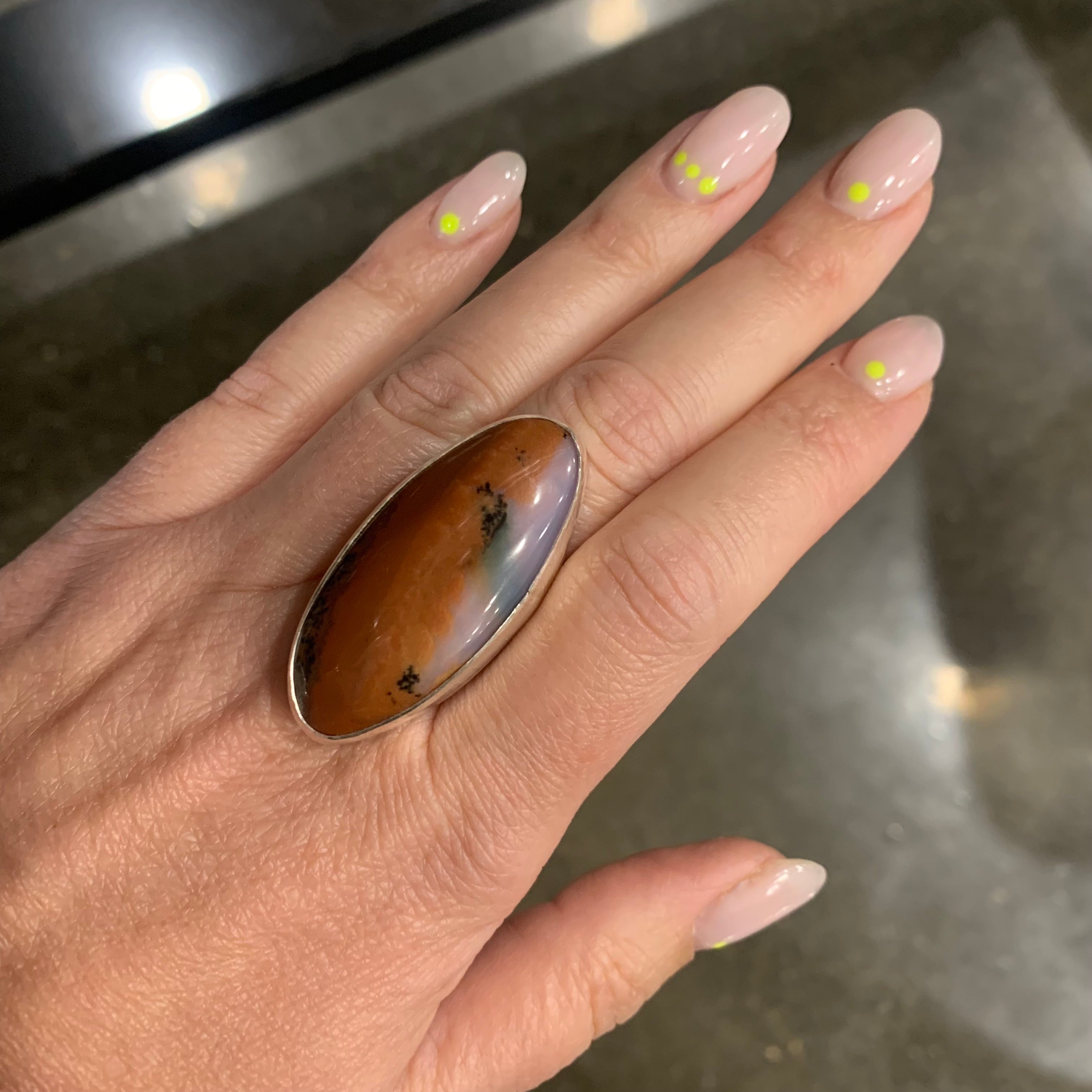 Honey Dendrite Agate Statement Ring Size 8